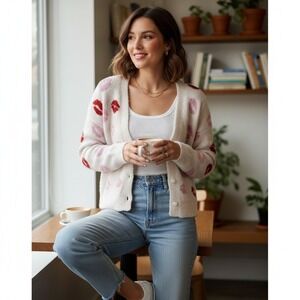 Cupcakes and Cashmere Womens Pink Kiss Cardigan Sweater Size S Cozy Valentines